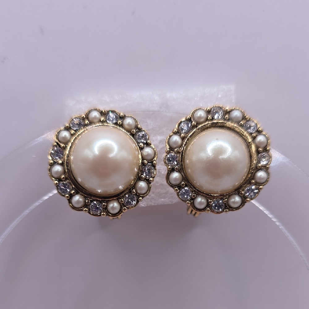 Vintage Monet Faux Pearl Crystal and Goldtone Stud Clip-On Earrings